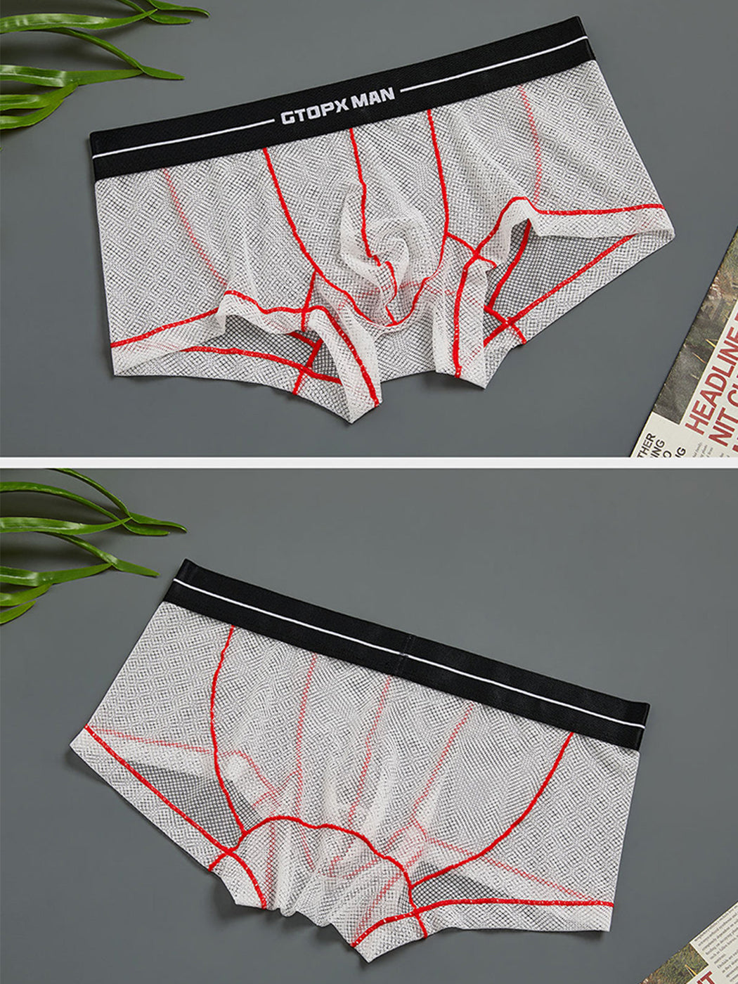 2 Pack Men's Sexy Low-rise Transparent Mesh Trunks | dmunderwear detail image 6