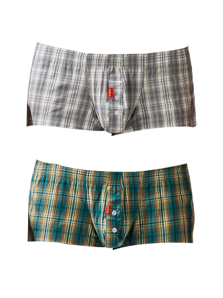 2 Pack Men's Pure Cotton Plaid Boxer Shorts with Button Fly | dmunderwear detail image 2