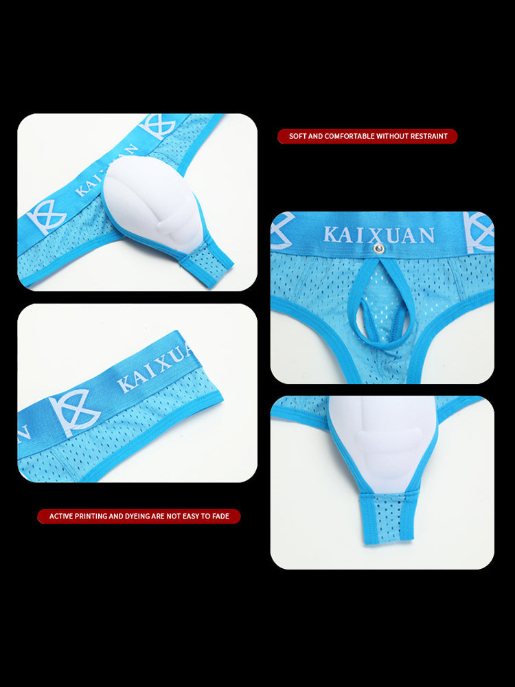 2 Pack Men's Breathable Mesh Removable U-Shaped Pocket Thongs | dmunderwear detail image 3