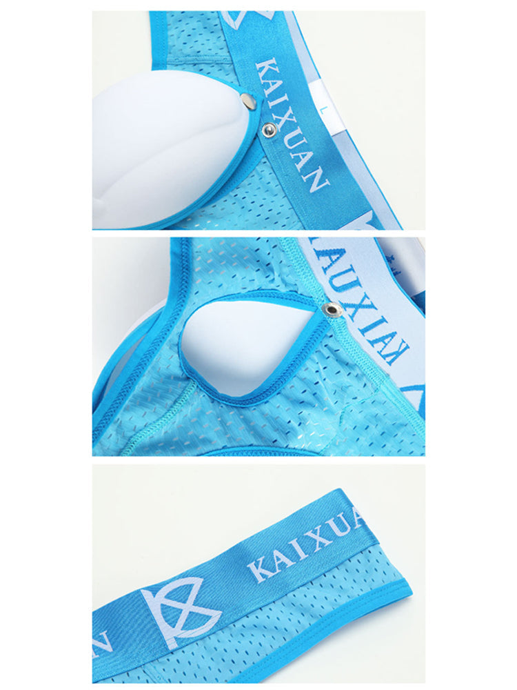2 Pack Men's Breathable Mesh Removable U-Shaped Pocket Thongs | dmunderwear detail image 8