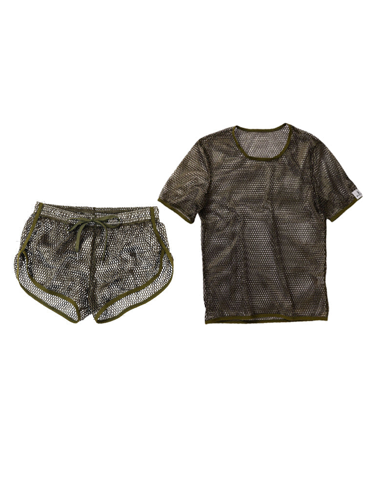 2 Pack Men's Breathable See-Through Hollow Design Loose-Fit Activewear Tops & Shorts | dmunderwear detail image 10