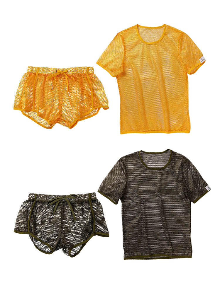 2 Pack Men's Breathable See-Through Hollow Design Loose-Fit Activewear Tops & Shorts | dmunderwear detail image 12