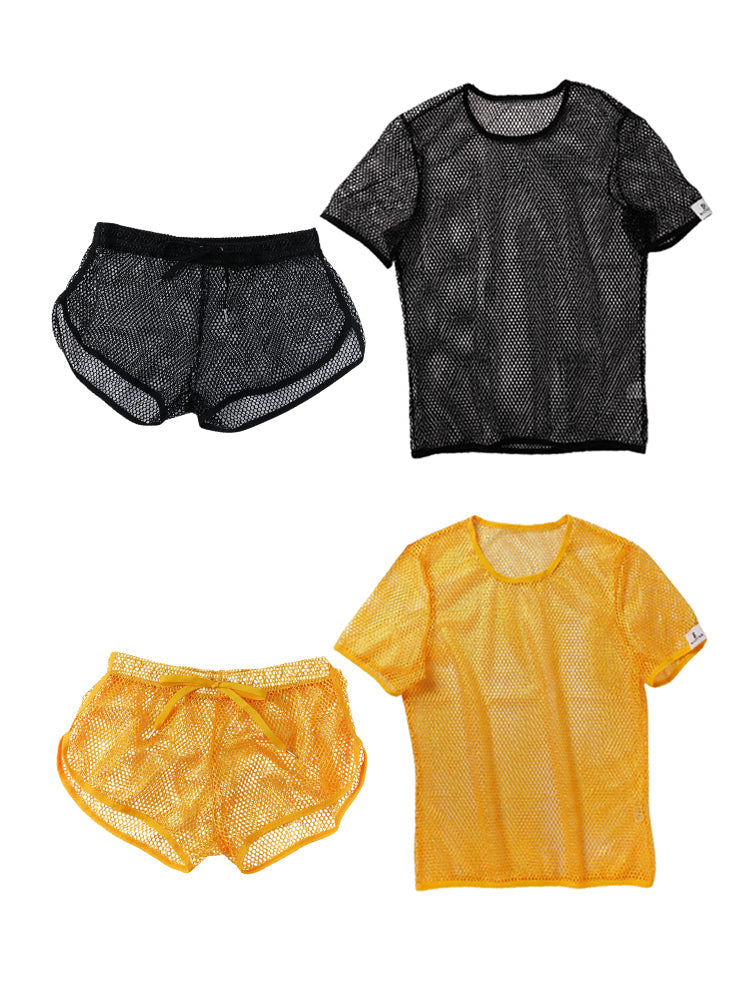 2 Pack Men's Breathable See-Through Hollow Design Loose-Fit Activewear Tops & Shorts | dmunderwear detail image 17