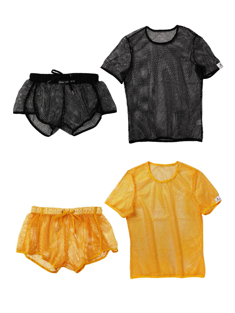 2 Pack Men's Breathable See-Through Hollow Design Loose-Fit Activewear Tops & Shorts | dmunderwear detail image 2