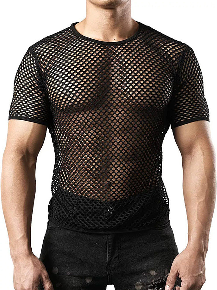 2 Pack Men's Breathable See-Through Hollow Design Loose-Fit Activewear Tops & Shorts | dmunderwear detail image 3