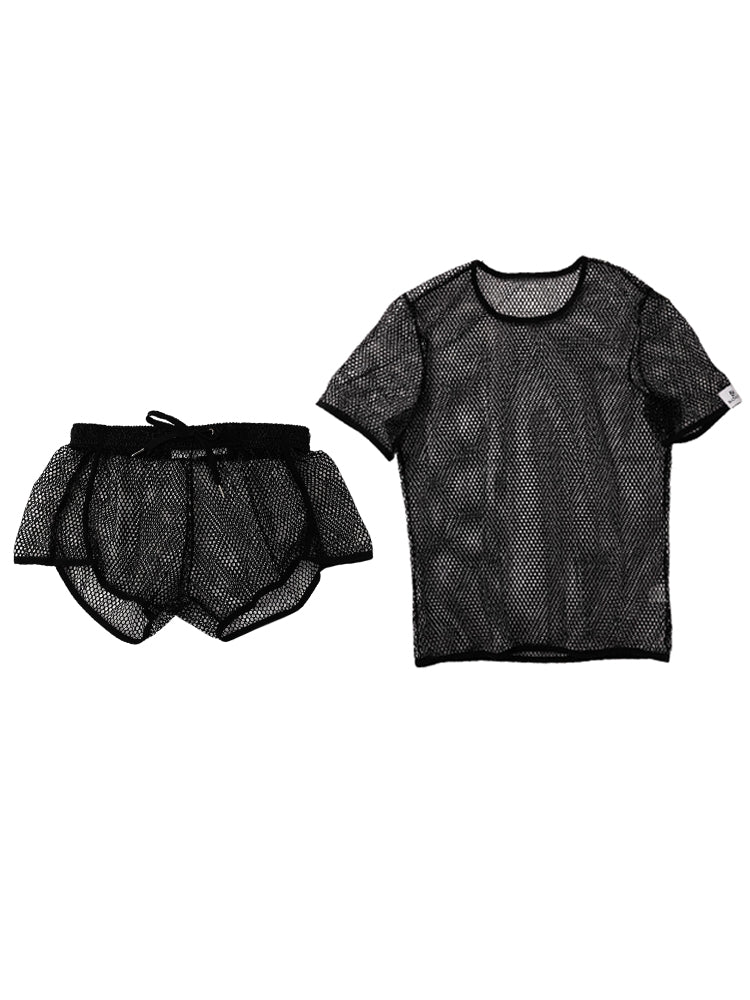 2 Pack Men's Breathable See-Through Hollow Design Loose-Fit Activewear Tops & Shorts | dmunderwear detail image 4