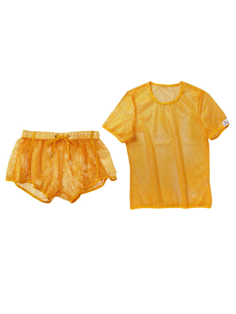 2 Pack Men's Breathable See-Through Hollow Design Loose-Fit Activewear Tops & Shorts | dmunderwear detail image 5