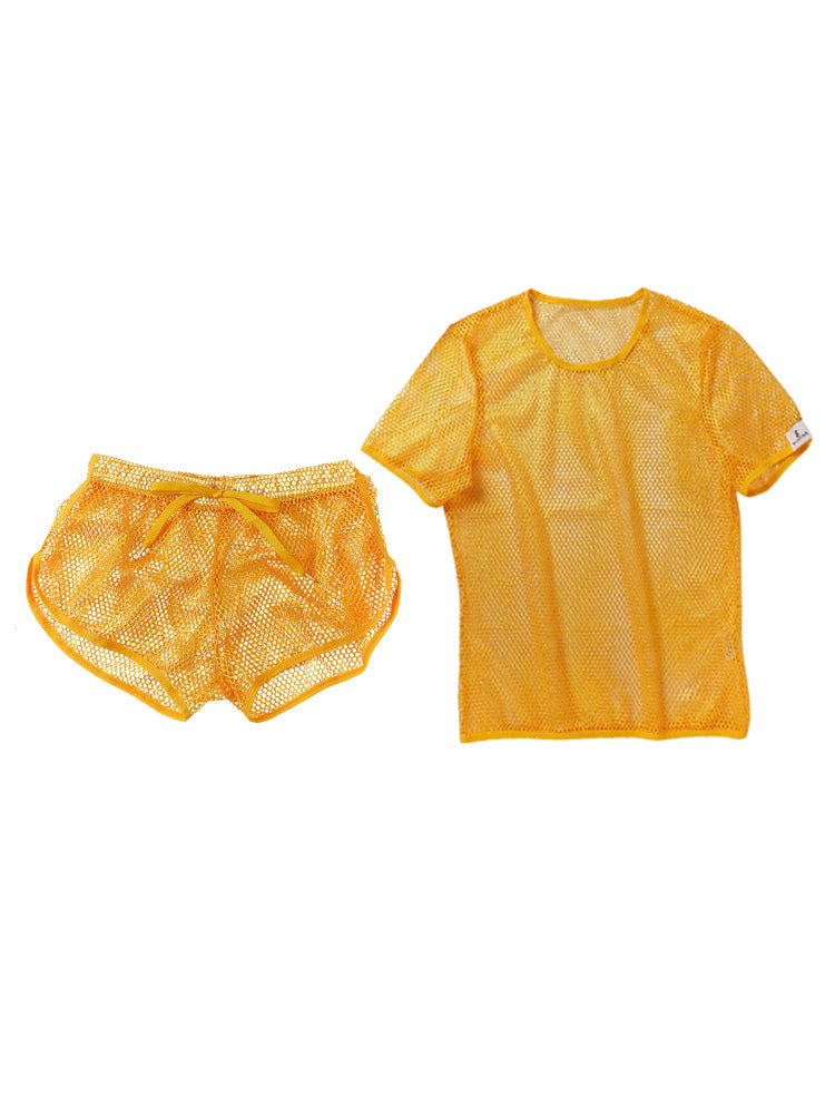 2 Pack Men's Breathable See-Through Hollow Design Loose-Fit Activewear Tops & Shorts | dmunderwear detail image 6