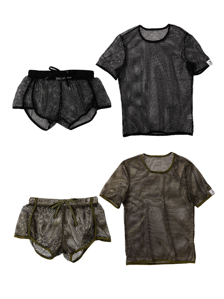 2 Pack Men's Breathable See-Through Hollow Design Loose-Fit Activewear Tops & Shorts | dmunderwear detail image 7