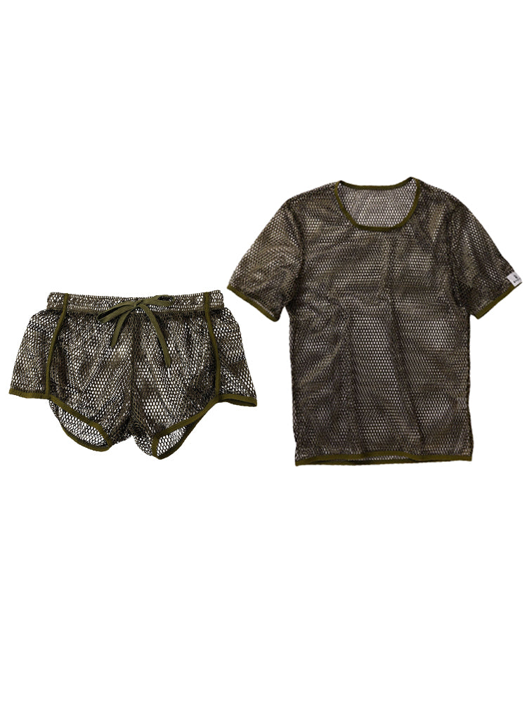 2 Pack Men's Breathable See-Through Hollow Design Loose-Fit Activewear Tops & Shorts | dmunderwear detail image 8