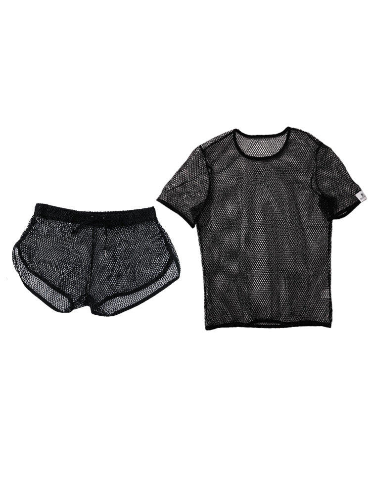 2 Pack Men's Breathable See-Through Hollow Design Loose-Fit Activewear Tops & Shorts | dmunderwear detail image 9