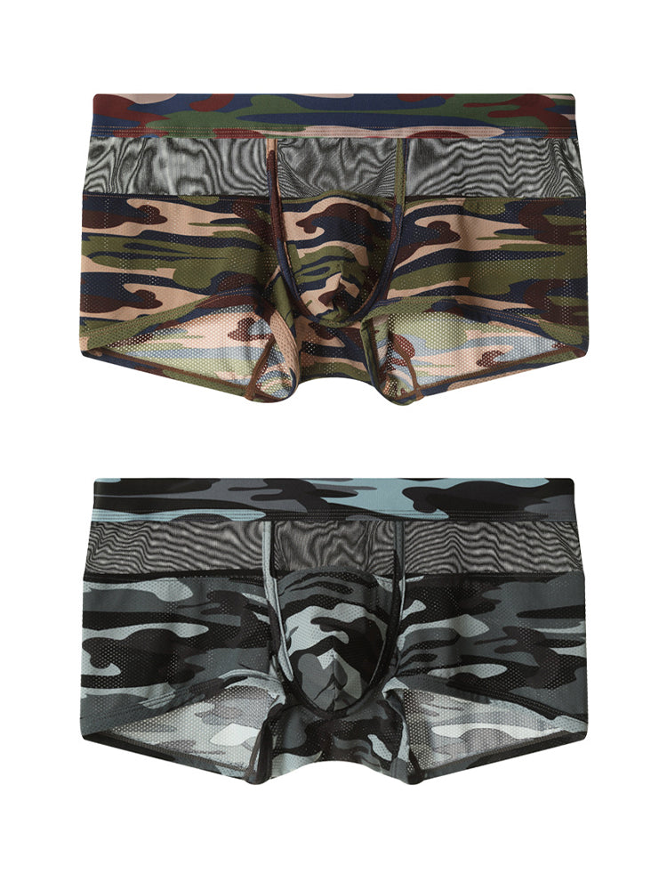 2 Pack Men's Camouflage Color Block Sheer Mesh Stretchy Trunks | dmunderwear detail image 13