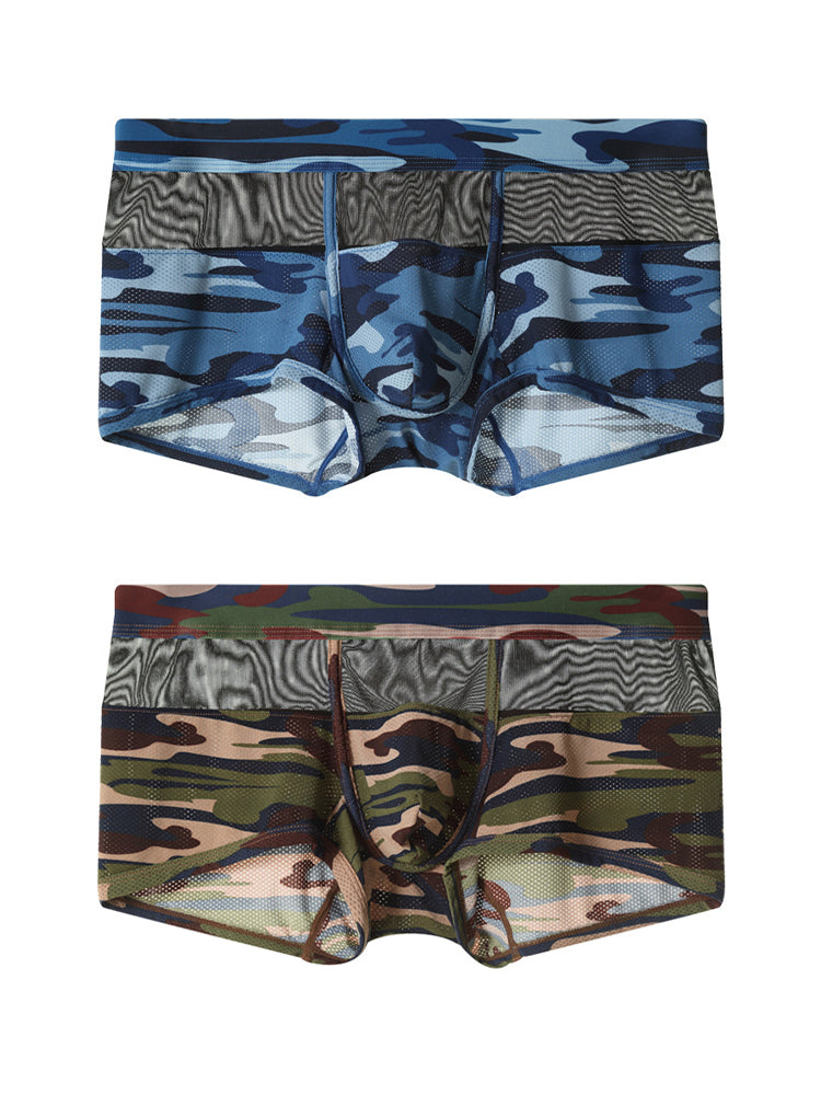 2 Pack Men's Camouflage Color Block Sheer Mesh Stretchy Trunks | dmunderwear detail image 2