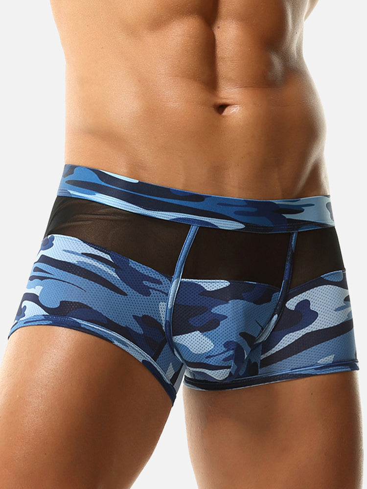 2 Pack Men's Camouflage Color Block Sheer Mesh Stretchy Trunks | dmunderwear detail image 3