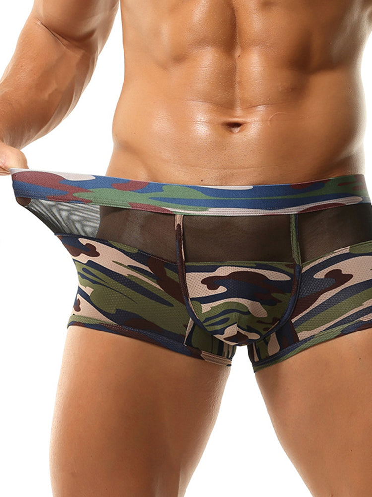 2 Pack Men's Camouflage Color Block Sheer Mesh Stretchy Trunks | dmunderwear detail image 7