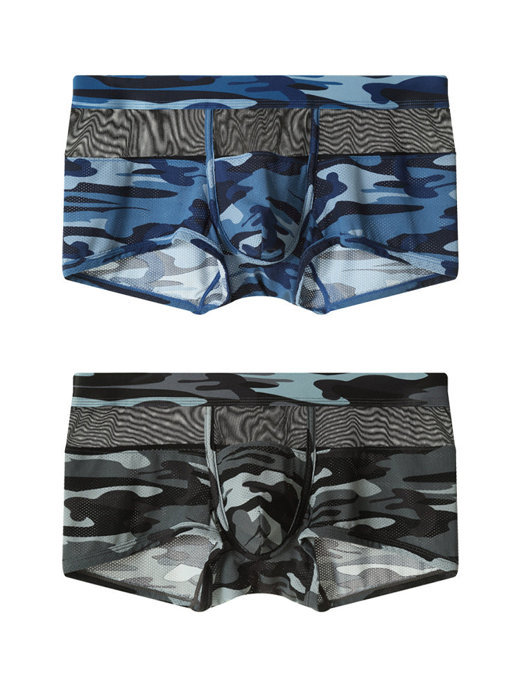 2 Pack Men's Camouflage Color Block Sheer Mesh Stretchy Trunks | dmunderwear detail image 8