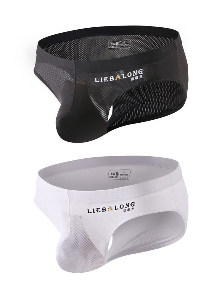 2 Pack Men's Ice Silk Mesh Support Pouch Low-Rise Form-Fitting Solid Color Bikini | dmunderwear detail image 2