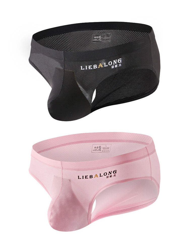 2 Pack Men's Ice Silk Mesh Support Pouch Low-Rise Form-Fitting Solid Color Bikini | dmunderwear detail image 20