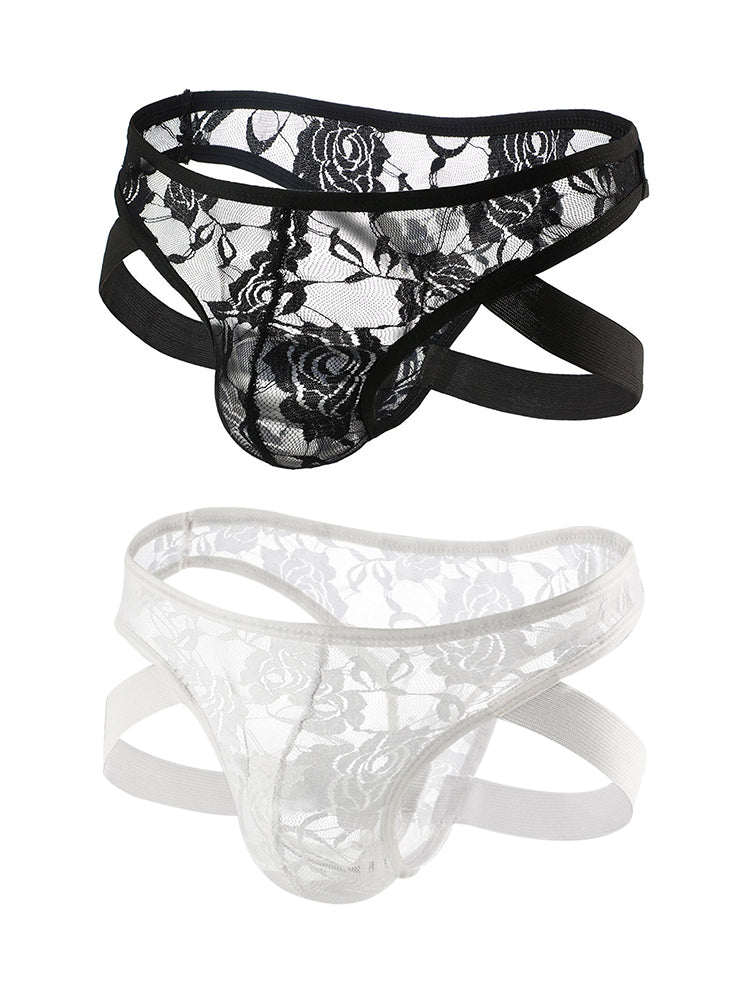 2-pack Men's Lace See-through Thongs | dmunderwear detail image 2