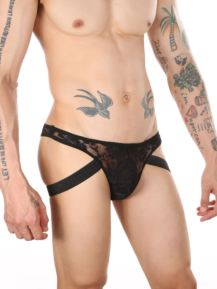 2-pack Men's Lace See-through Thongs | dmunderwear detail image 6