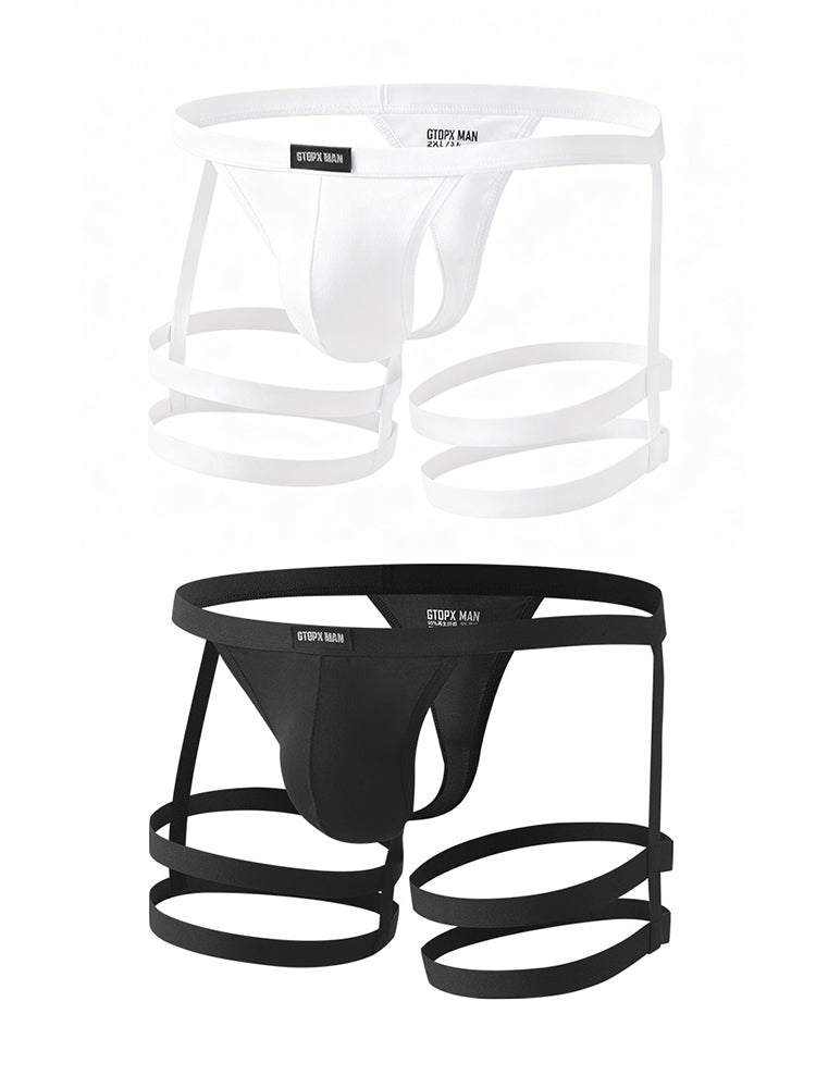 2 Pack Men's Low-Rise Sexy Thong with U-Pouch and Fixed Thigh Straps | dmunderwear detail image 2