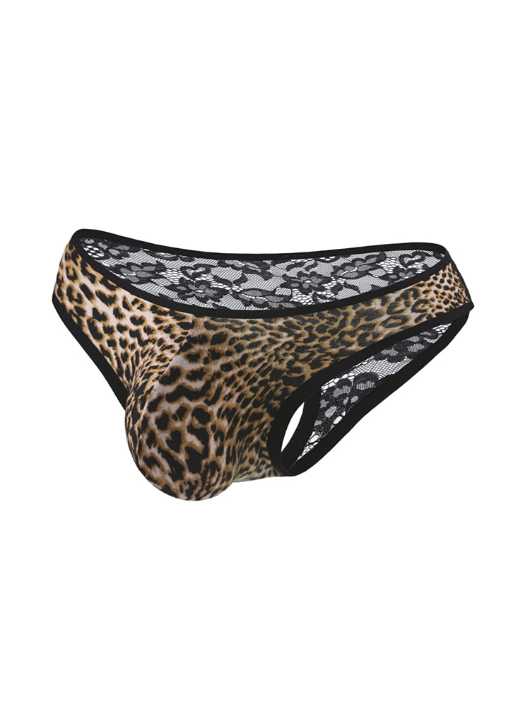 2 Pack Men's Low-Rise Lace-Patched Leopard Print sheer Stretch U-Pouch Bikini | dmunderwear