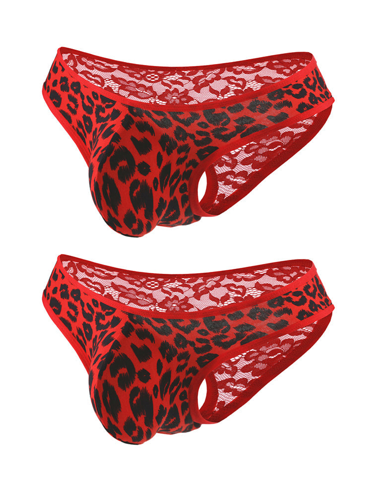 2 Pack Men's Low-Rise Lace-Patched Leopard Print sheer Stretch U-Pouch Bikini | dmunderwear detail image 12