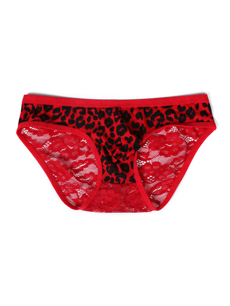 2 Pack Men's Low-Rise Lace-Patched Leopard Print sheer Stretch U-Pouch Bikini | dmunderwear detail image 15