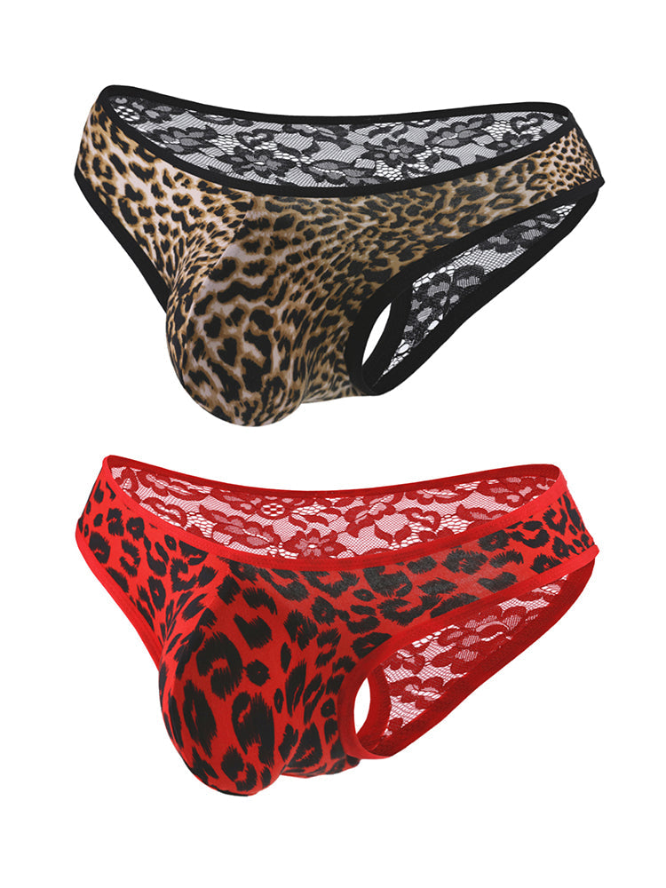 2 Pack Men's Low-Rise Lace-Patched Leopard Print sheer Stretch U-Pouch Bikini | dmunderwear detail image 2