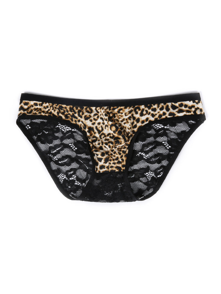 2 Pack Men's Low-Rise Lace-Patched Leopard Print sheer Stretch U-Pouch Bikini | dmunderwear detail image 20