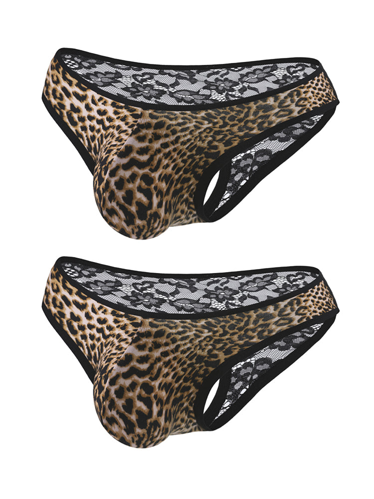 2 Pack Men's Low-Rise Lace-Patched Leopard Print sheer Stretch U-Pouch Bikini | dmunderwear detail image 7