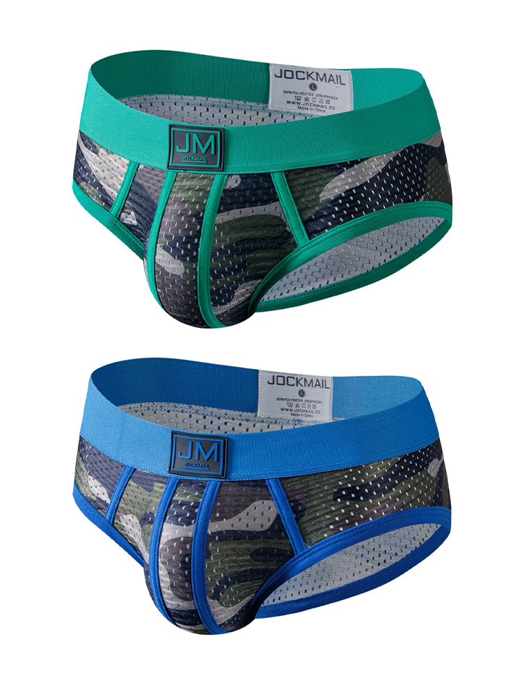 2 Pack Men's Sexy Sheer Camouflage Print Mesh Low-Rise Breathable & Quick-Dry Briefs | dmunderwear detail image 17