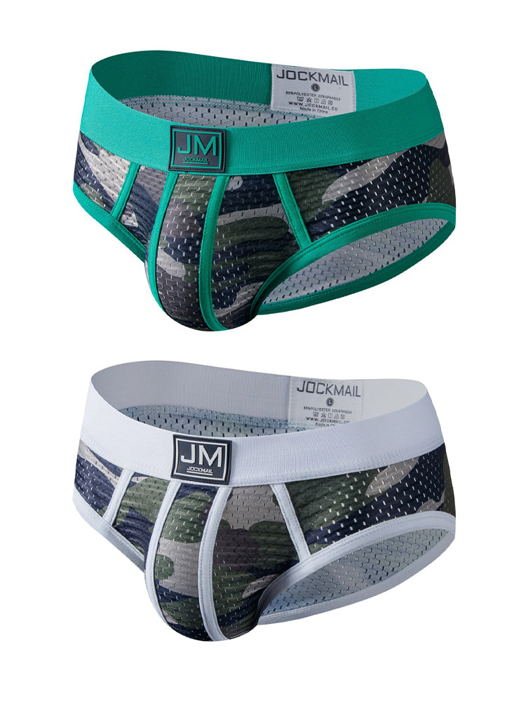 2 Pack Men's Sexy Sheer Camouflage Print Mesh Low-Rise Breathable & Quick-Dry Briefs | dmunderwear detail image 2
