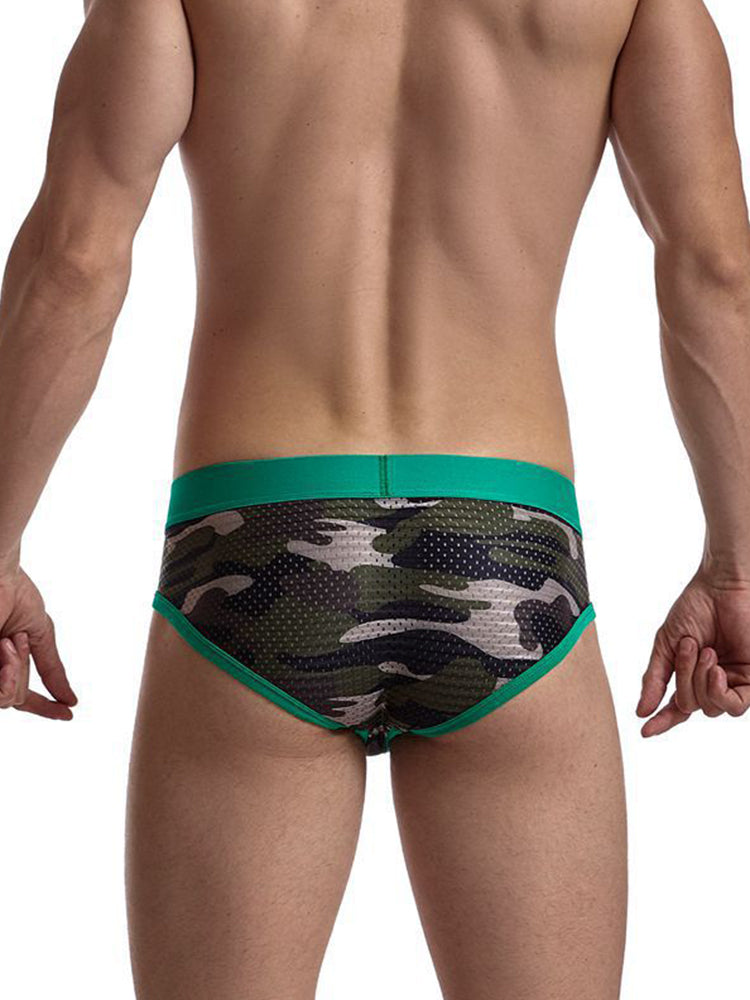 2 Pack Men's Sexy Sheer Camouflage Print Mesh Low-Rise Breathable & Quick-Dry Briefs | dmunderwear detail image 5
