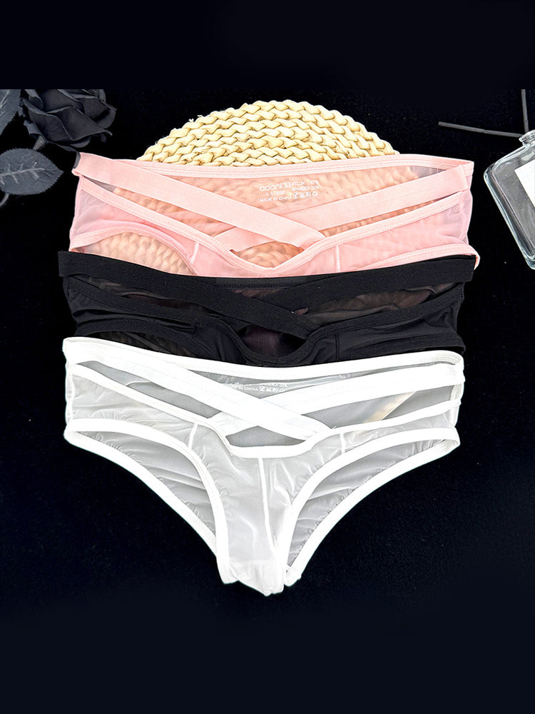 2 Pack Men's Sheer Ultra-Thin Silky Bikini with Cross Waistband | dmunderwear detail image 15