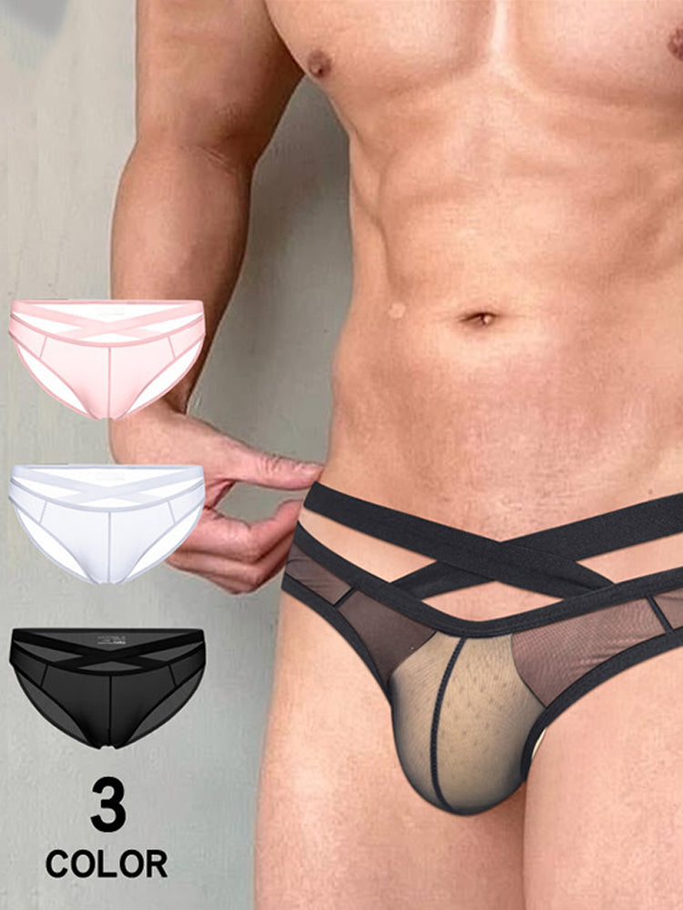 2 Pack Men's Sheer Ultra-Thin Silky Bikini with Cross Waistband | dmunderwear detail image 3