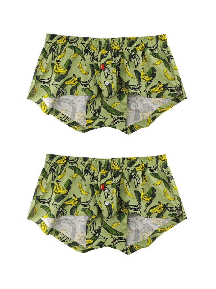 2 Pack Men's Banana Print Cotton Lounge Shorts with Button Fly | dmunderwear detail image 12