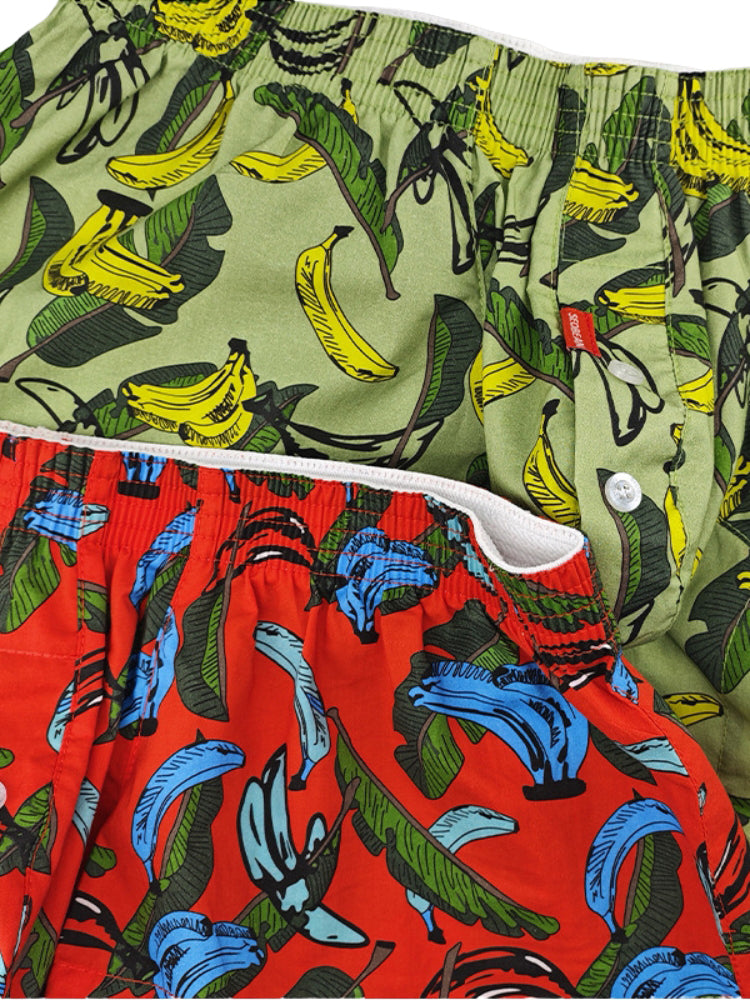 2 Pack Men's Banana Print Cotton Lounge Shorts with Button Fly | dmunderwear detail image 17