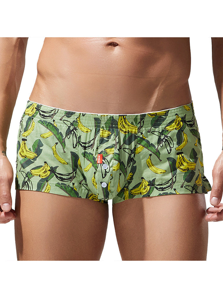 2 Pack Men's Banana Print Cotton Lounge Shorts with Button Fly | dmunderwear detail image 19