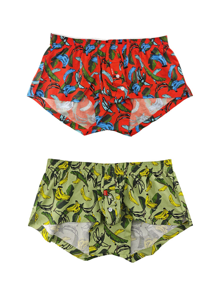 2 Pack Men's Banana Print Cotton Lounge Shorts with Button Fly | dmunderwear detail image 2