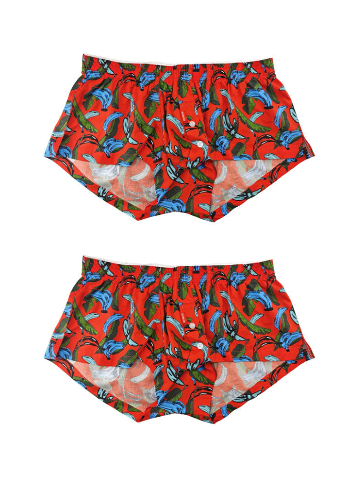 2 Pack Men's Banana Print Cotton Lounge Shorts with Button Fly | dmunderwear detail image 7