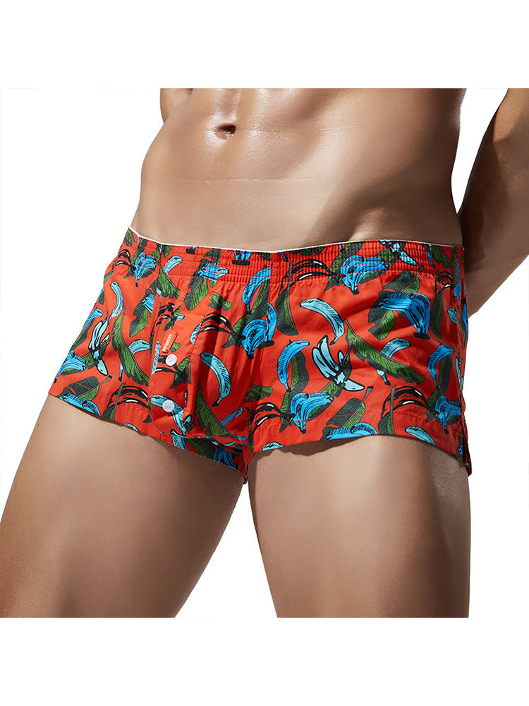 2 Pack Men's Banana Print Cotton Lounge Shorts with Button Fly | dmunderwear detail image 8