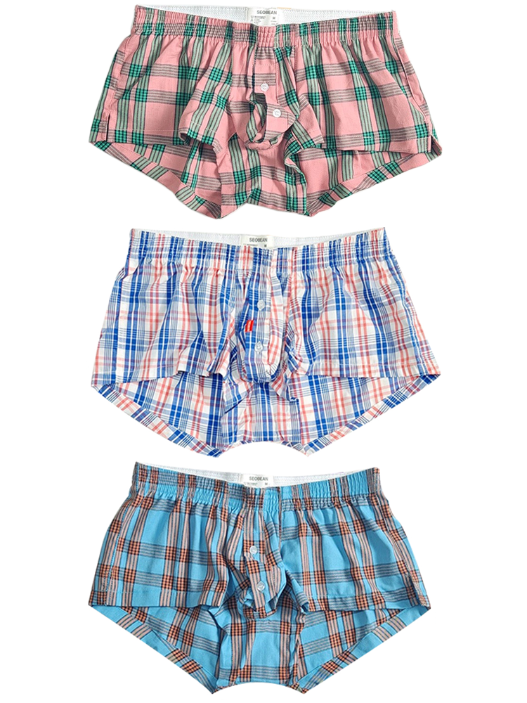 3 Pack Men's Plaid Cotton Trunks with Button Fly | dmunderwear detail image 14