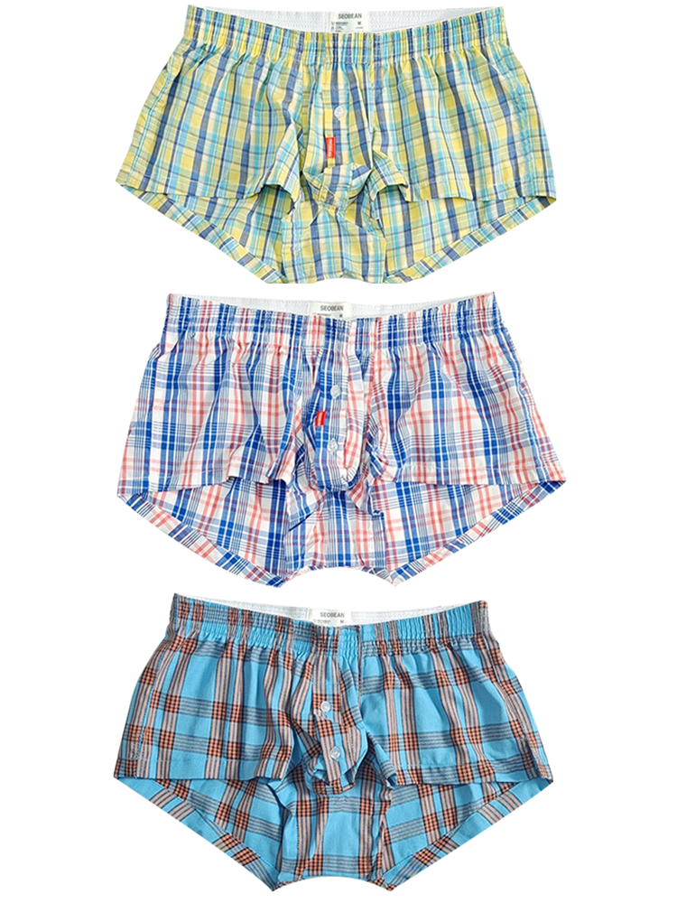 3 Pack Men's Plaid Cotton Trunks with Button Fly | dmunderwear detail image 19