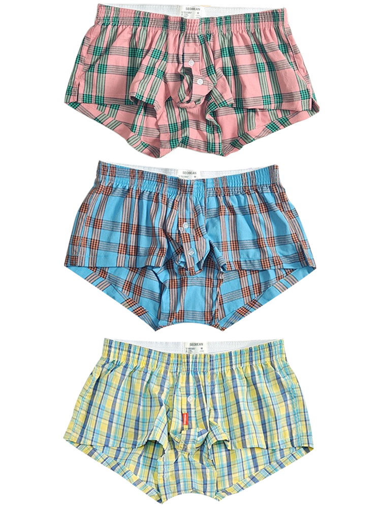 3 Pack Men's Plaid Cotton Trunks with Button Fly | dmunderwear detail image 2