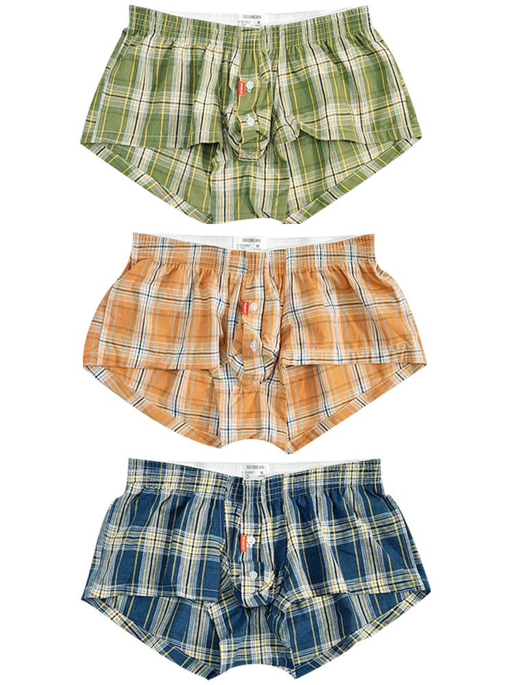 3 Pack Men's Plaid Cotton Trunks with Button Fly | dmunderwear detail image 20