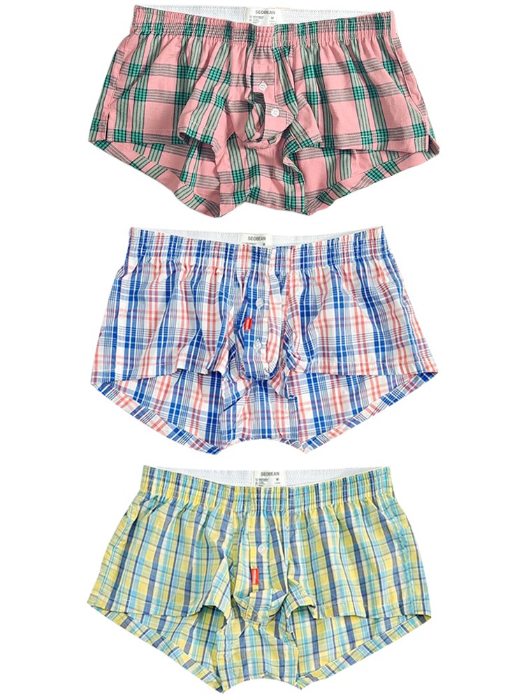 3 Pack Men's Plaid Cotton Trunks with Button Fly | dmunderwear detail image 8