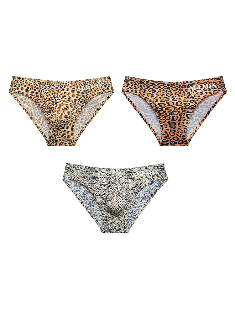 3 Pack ALLMIX Men's 3D Pouch Sexy Leopard Print Ice Silk Briefs | dmunderwear detail image 8