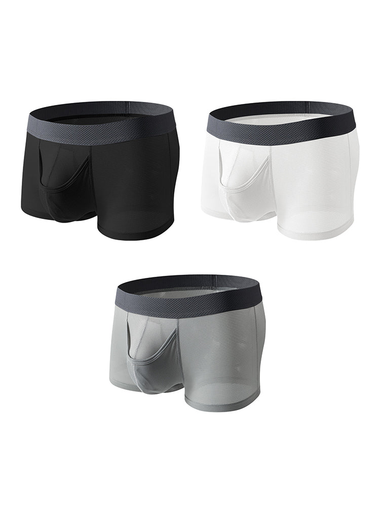 3 Pack Men's Ice Silk Front Split Pouch Breathable Mesh Cooling Comfort Trunks | dmunderwear detail image 2