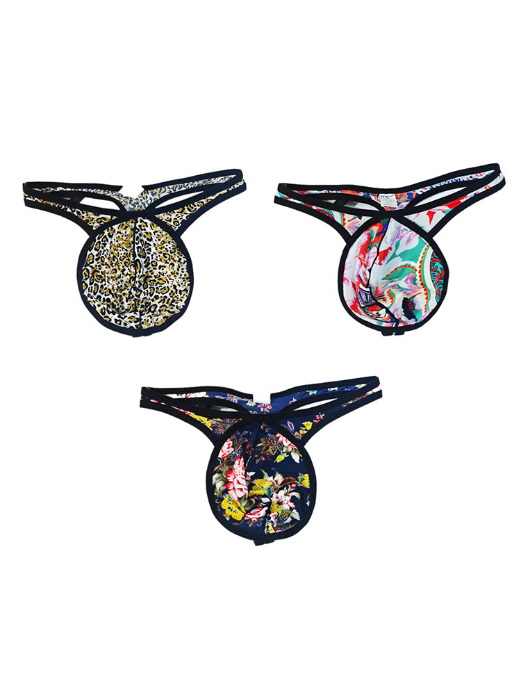 3 Pack Men's Low-Rise Breathable Ice Silk Print Sexy U-Pouch Thongs | dmunderwear detail image 2
